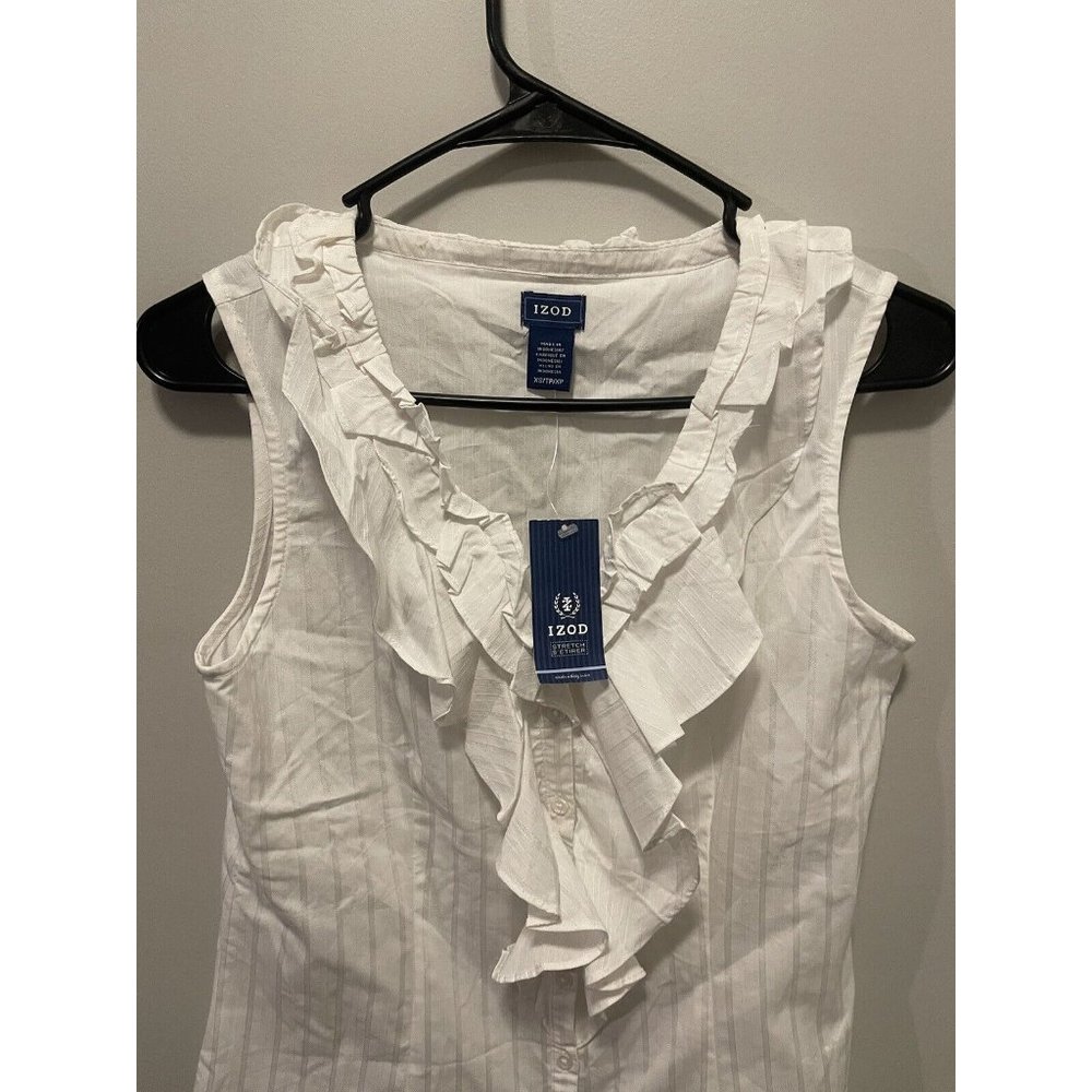 Izod Ladies XS White Button Down Ruffle Neck-Front Sleeveless Blouse Top NWT $62 - Picture 2 of 4